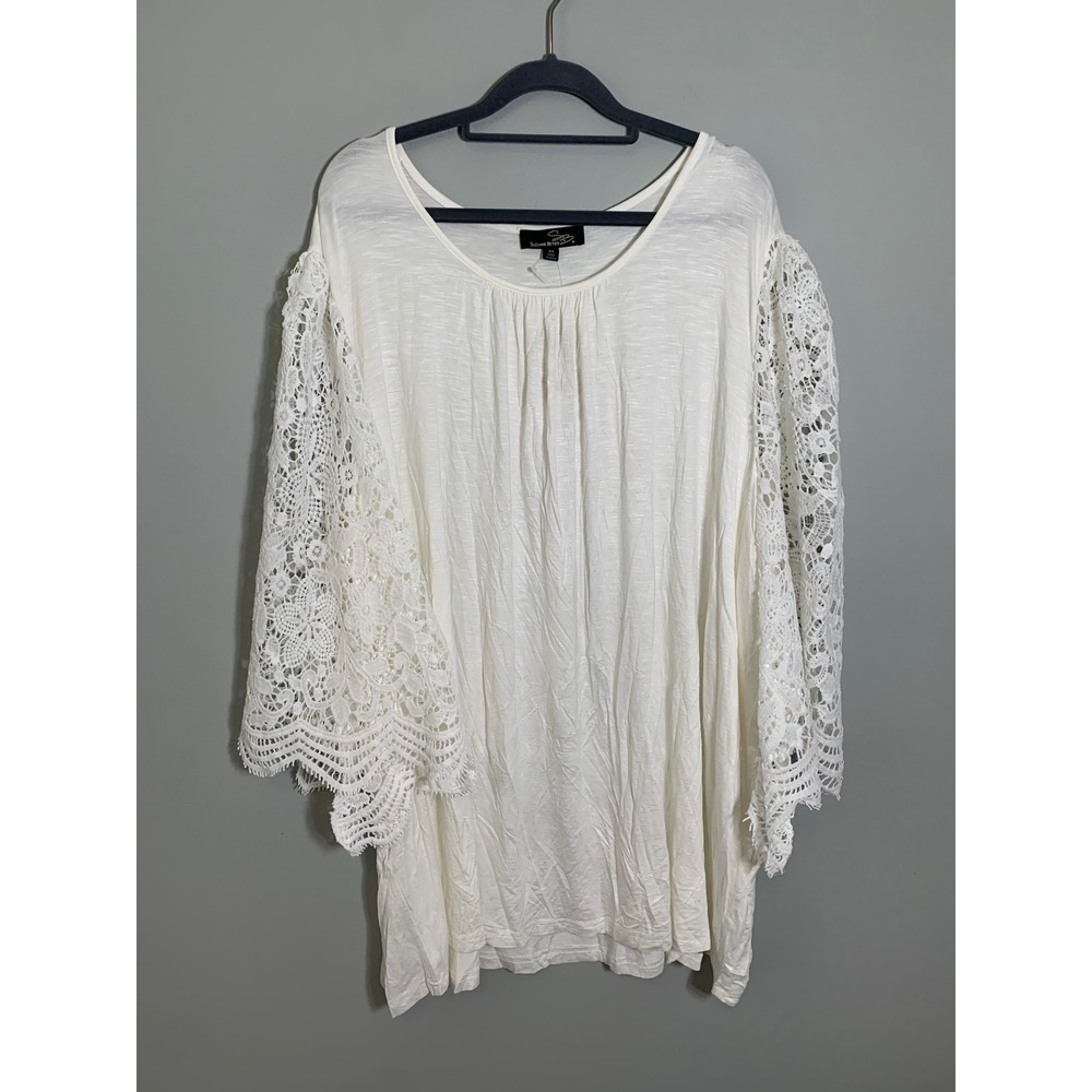 NEW Suzanne Betro Lace Sleeve Tunic Womens 4X Cream Crochet Bell Sleeve Boho Top